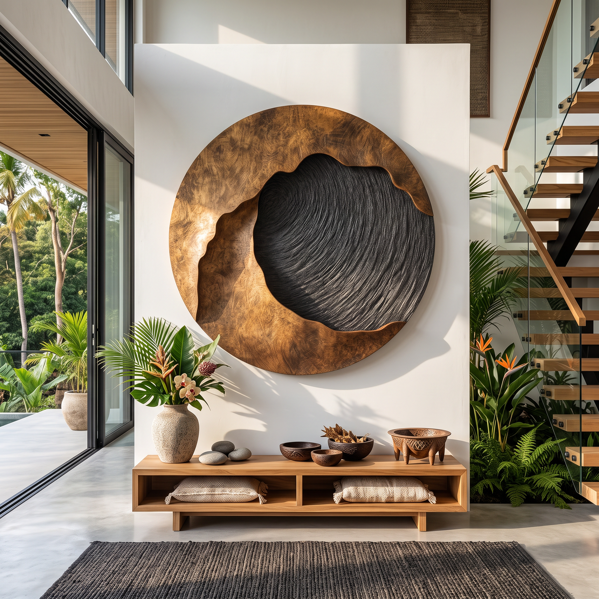 Handcrafted Solid Wood Wall Sculpture with Abstract Circular Relief Form