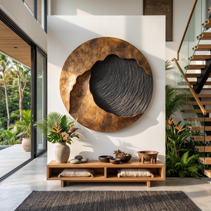 Handcrafted Solid Wood Wall Sculpture with Abstract Circular Relief Form