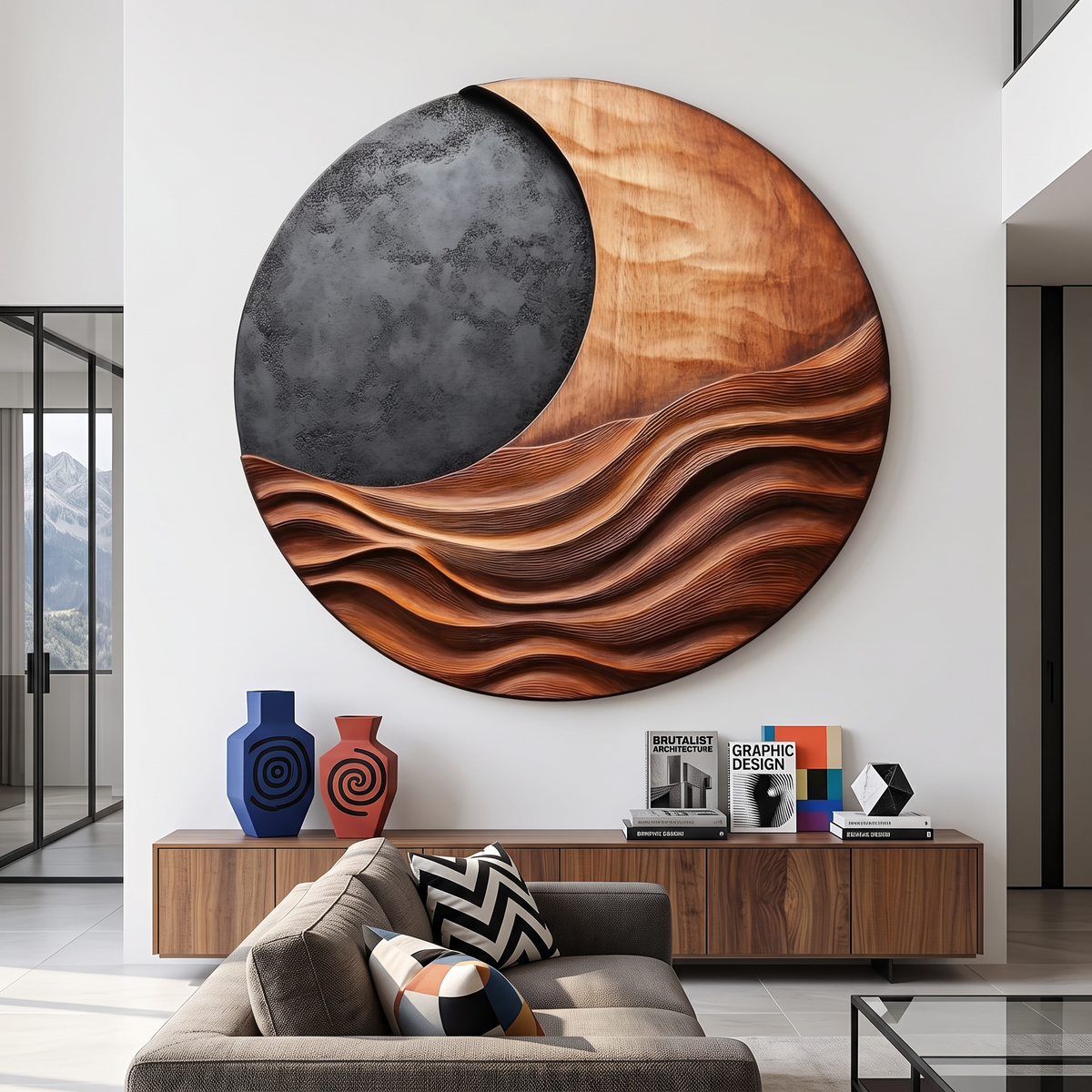Large Abstract Solid Wood Wall Sculpture for Living Room