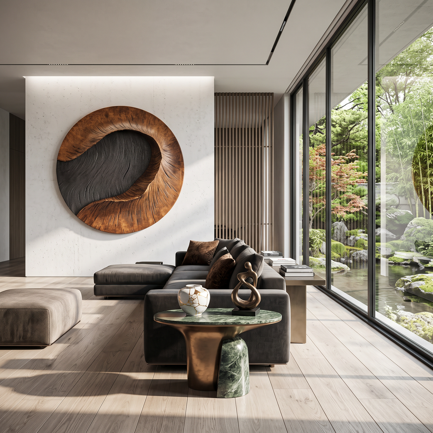 Modern Round Solid Wood Carving Wall Sculpture for Living Room Interiors