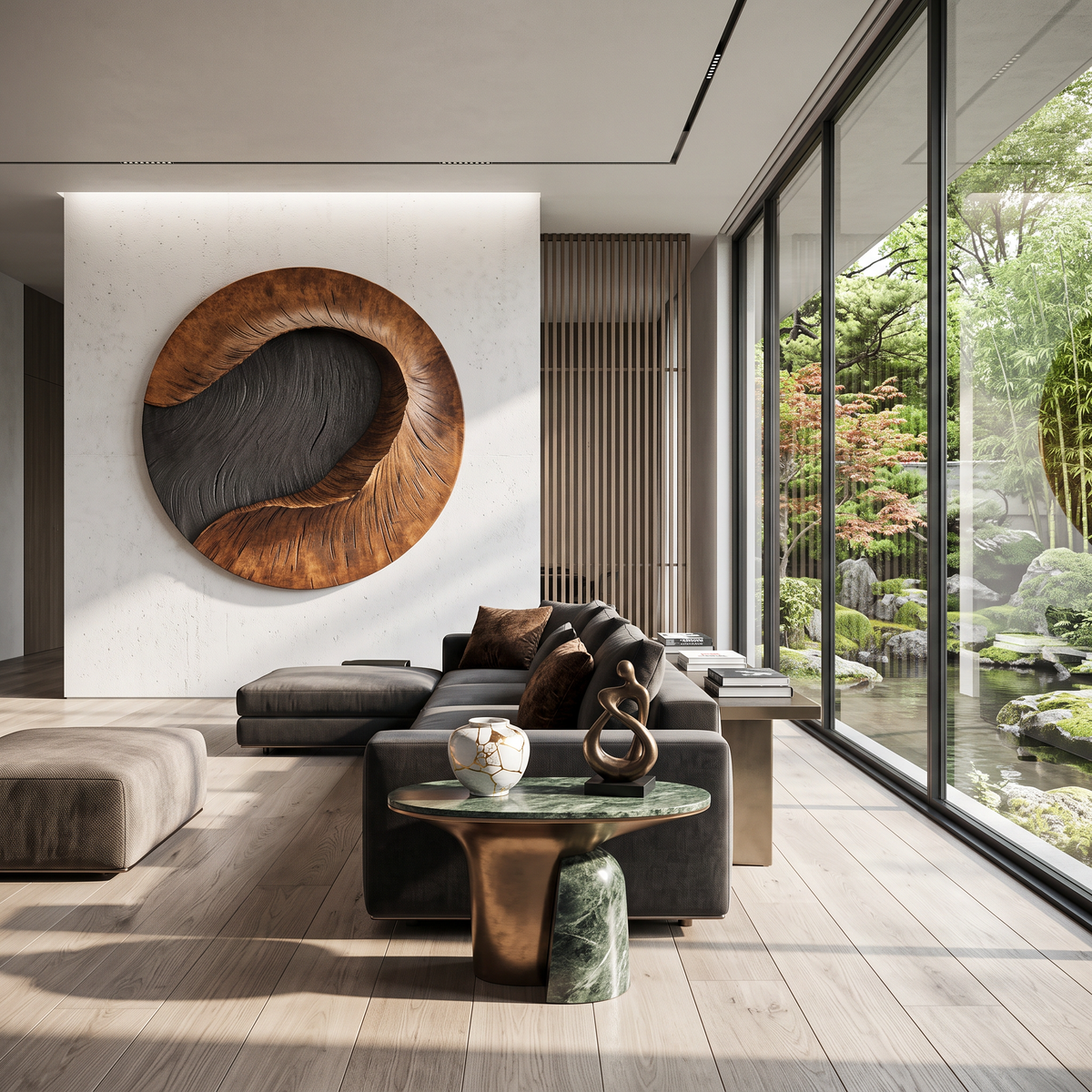 Modern Round Solid Wood Carving Wall Sculpture for Living Room Interiors