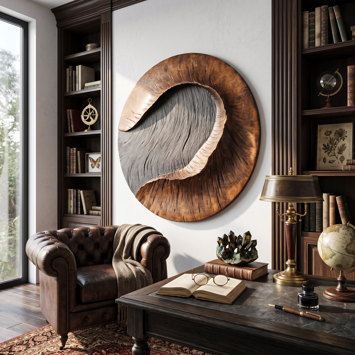 Modern Round Solid Wood Carving Wall Sculpture for Living Room Interiors