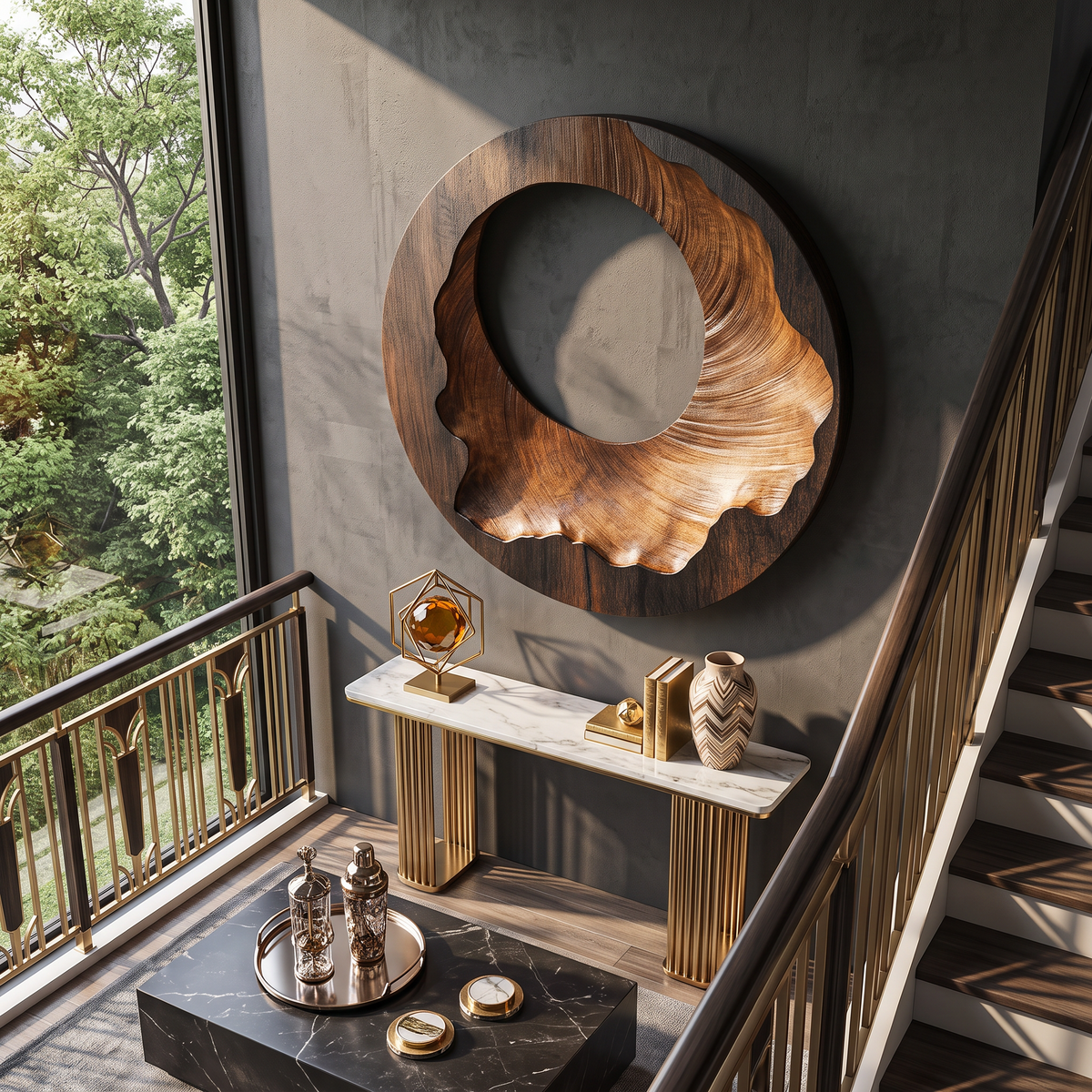 Organic Round Solid Wood Wall Sculpture for Contemporary Living Room