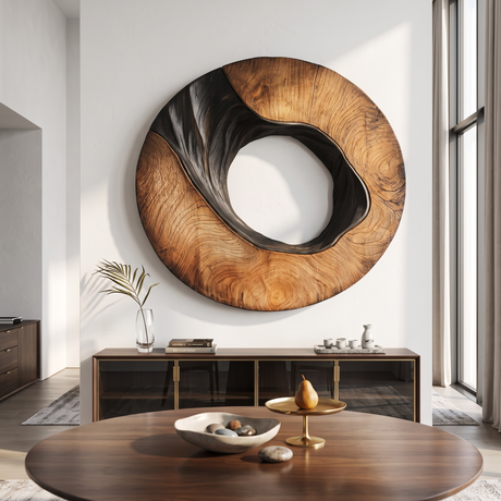 Modern Organic Circular Solid Wood Wall Sculpture for Interior Decor