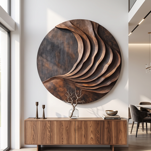 Large Solid Wood Layered Wave Circle Wall Sculpture for Modern Interiors