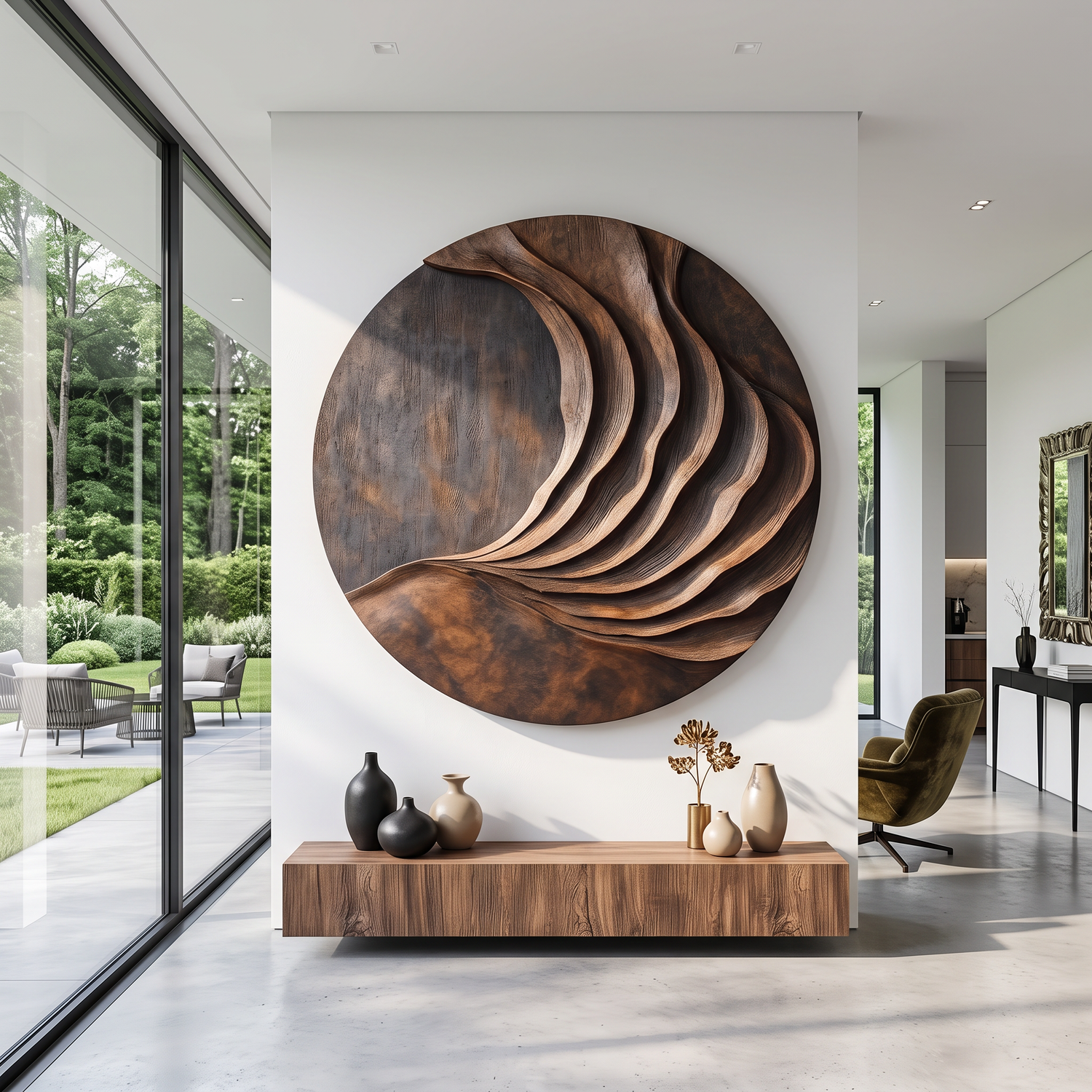 Large Solid Wood Layered Wave Circle Wall Sculpture for Modern Interiors