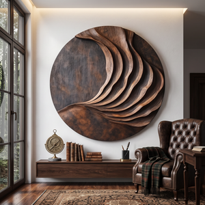 Large Solid Wood Layered Wave Circle Wall Sculpture for Modern Interiors