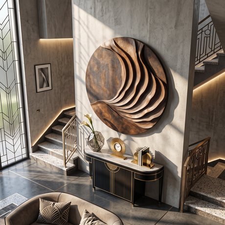 Large Solid Wood Layered Wave Circle Wall Sculpture for Modern Interiors