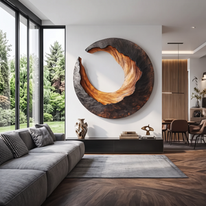 Large Solid Wood Crescent Circle Wall Sculpture for Modern Living Rooms