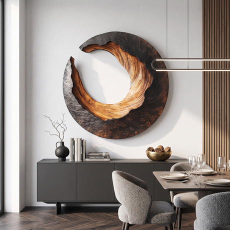 Large Solid Wood Crescent Circle Wall Sculpture for Modern Living Rooms