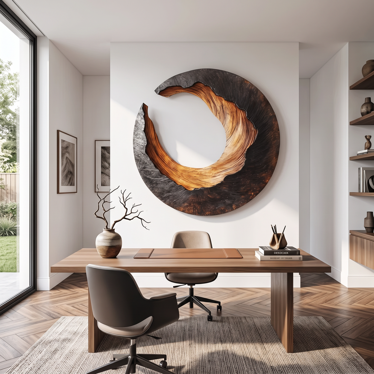 Large Solid Wood Crescent Circle Wall Sculpture for Modern Living Rooms