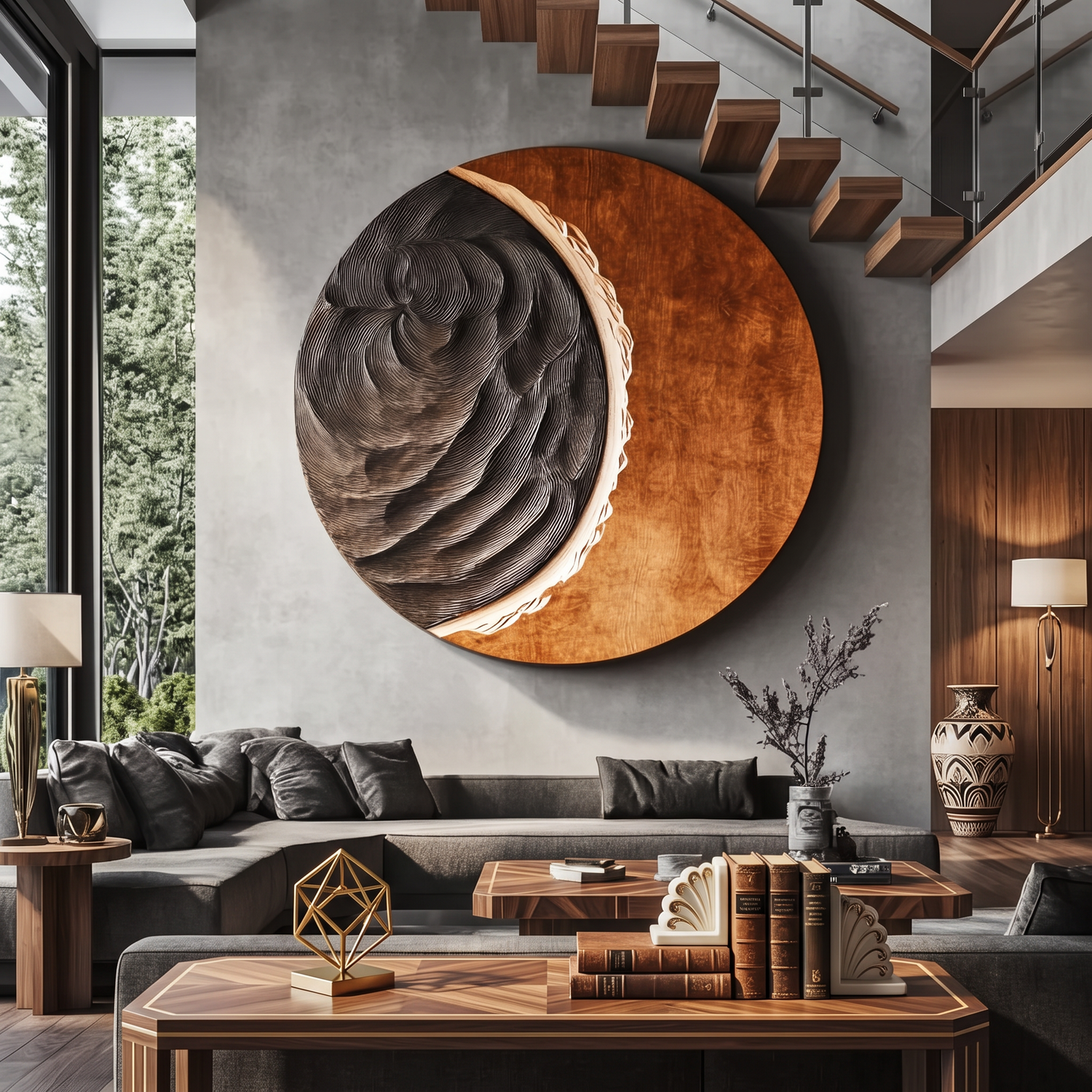 Contemporary Solid Wood Round Wall Sculpture for Living Room