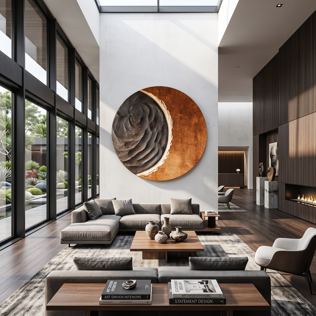 Contemporary Solid Wood Round Wall Sculpture for Living Room