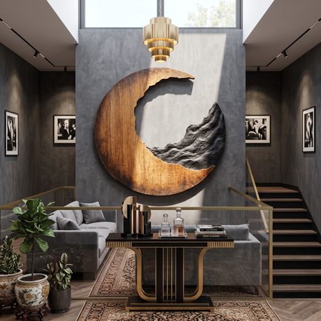 Contemporary Solid Wood Crescent Wall Sculpture with Layered Carving for Living Rooms