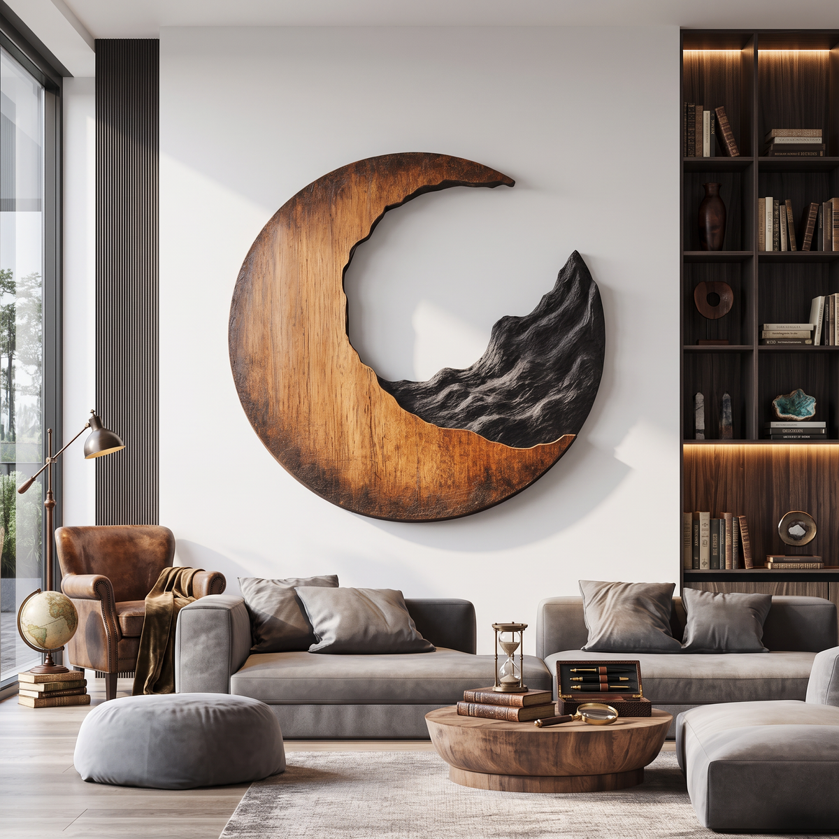 Contemporary Solid Wood Crescent Wall Sculpture with Layered Carving for Living Rooms