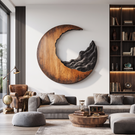 Contemporary Solid Wood Crescent Wall Sculpture with Layered Carving for Living Rooms