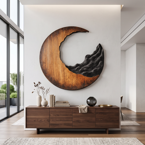 Contemporary Solid Wood Crescent Wall Sculpture with Layered Carving for Living Rooms