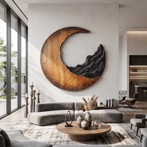 Contemporary Solid Wood Crescent Wall Sculpture with Layered Carving for Living Rooms