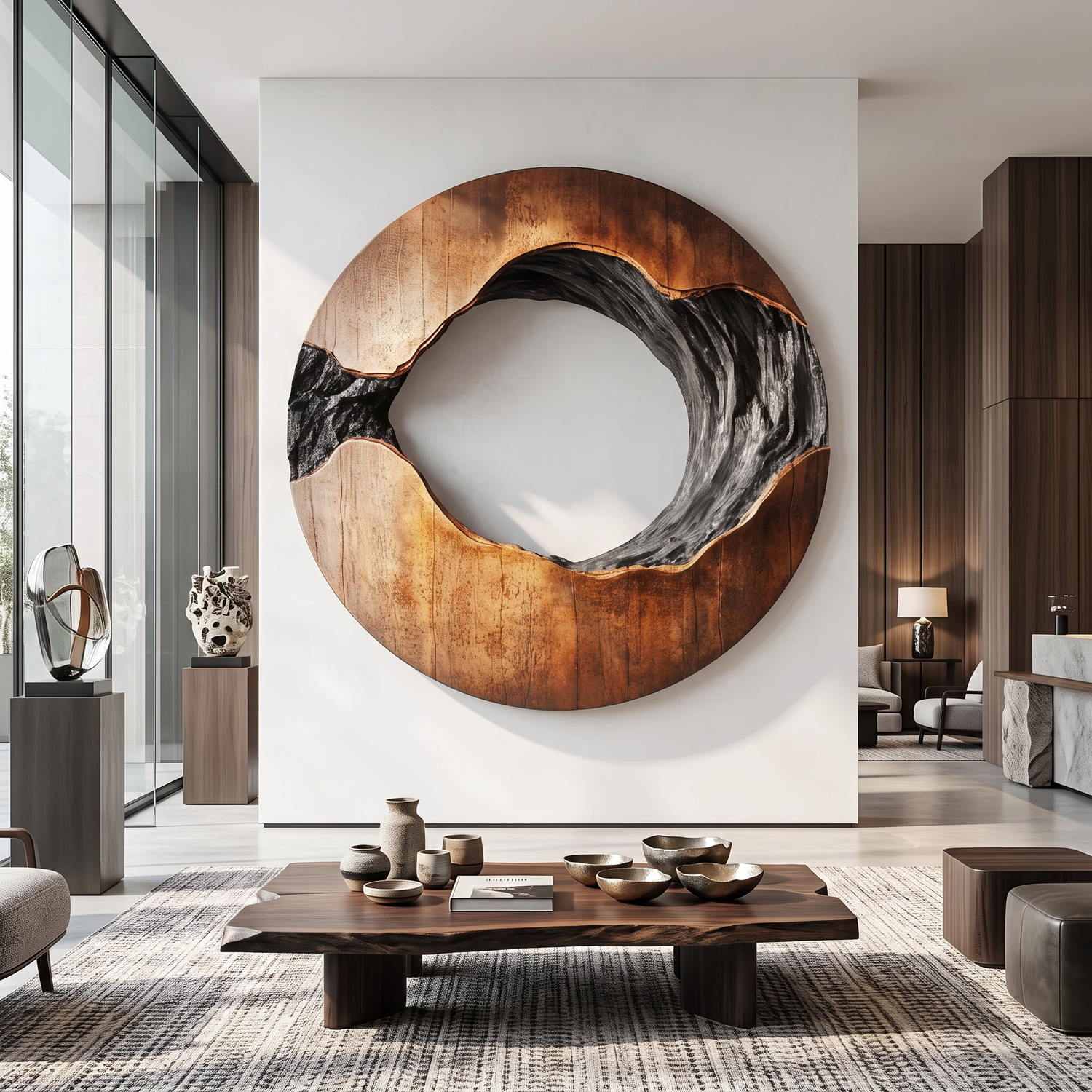 Contemporary Solid Wood Circular Wall Sculpture for Living Rooms