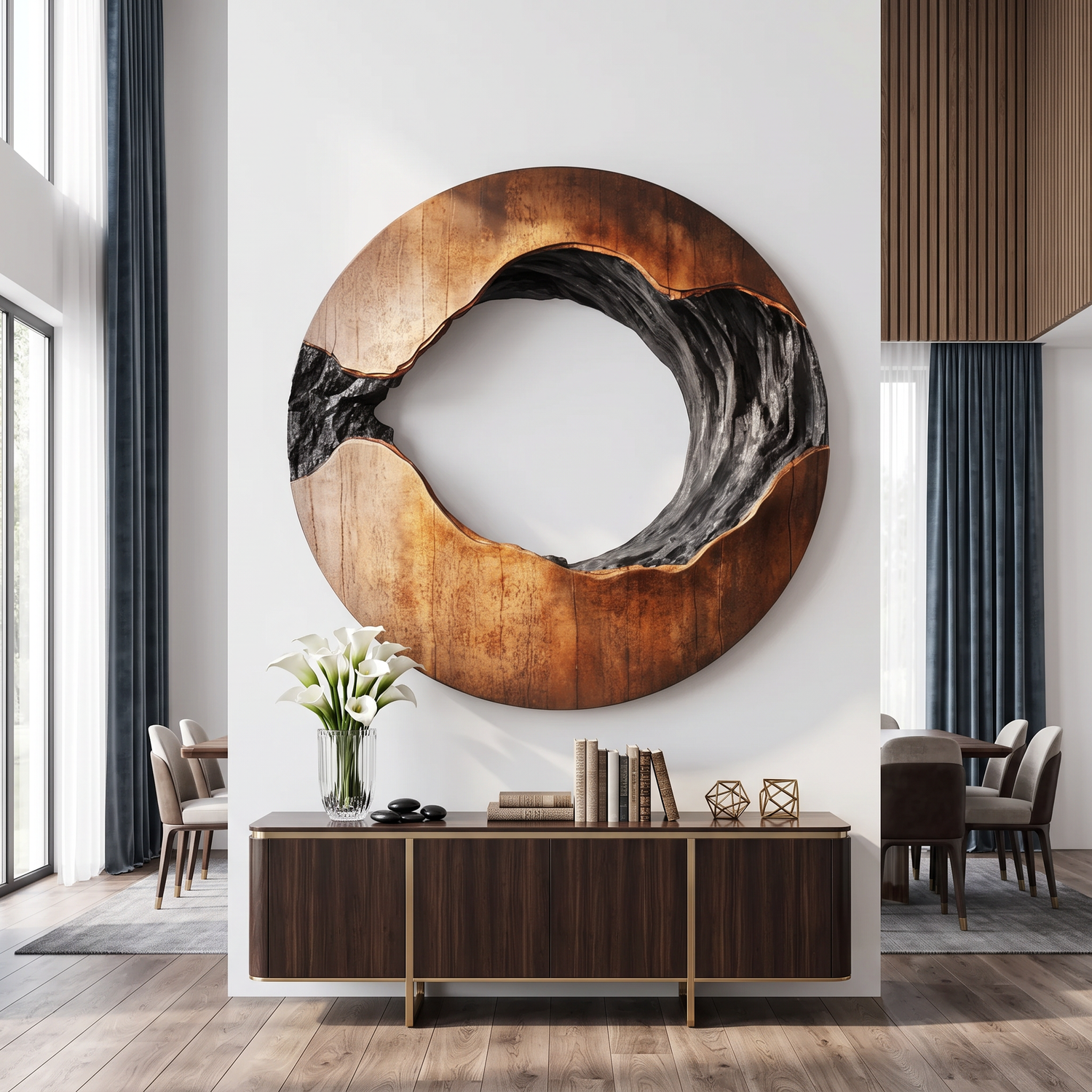 Contemporary Solid Wood Circular Wall Sculpture for Living Rooms