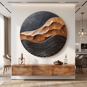 Solid Wood Round Wall Art with Carved Mountain Relief and Layered Wave Texture