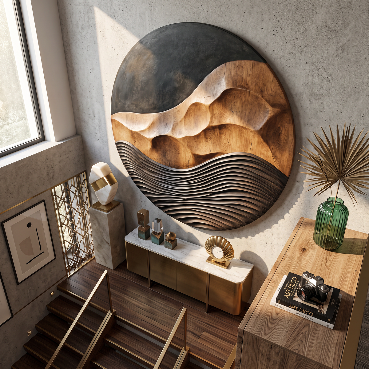 Solid Wood Round Wall Art with Carved Mountain Relief and Layered Wave Texture