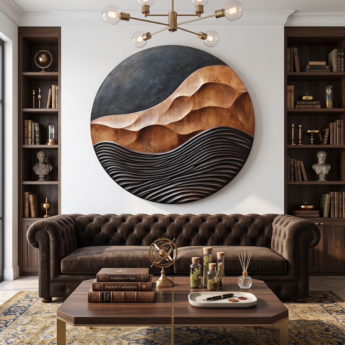 Solid Wood Round Wall Art with Carved Mountain Relief and Layered Wave Texture