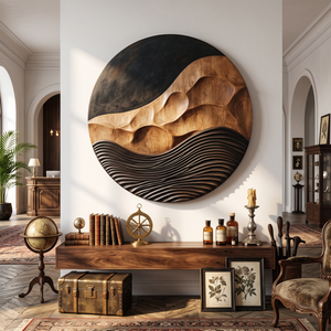 Solid Wood Round Wall Art with Carved Mountain Relief and Layered Wave Texture