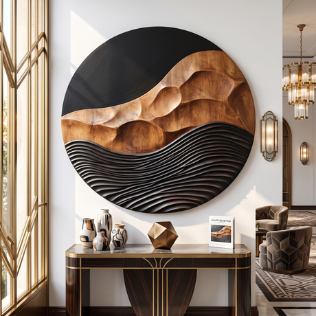 Solid Wood Round Wall Art with Carved Mountain Relief and Layered Wave Texture