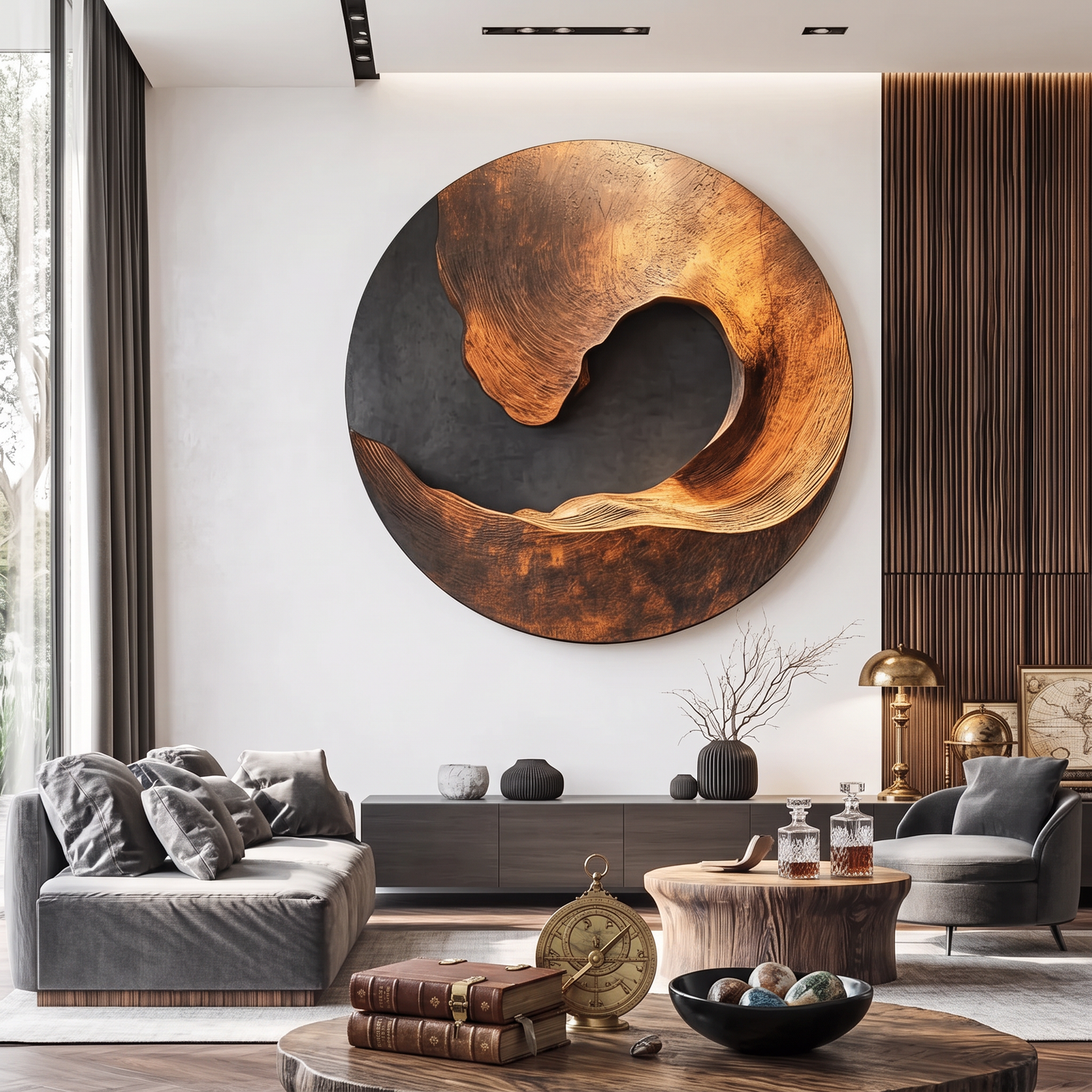 Handcrafted Solid Wood Wall Sculpture with Abstract Circular Wave Form
