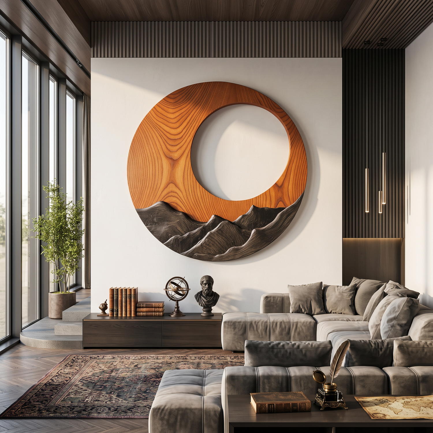 Wall Sculpture Solid Wood Round Mountain Relief for Rustic Living Room