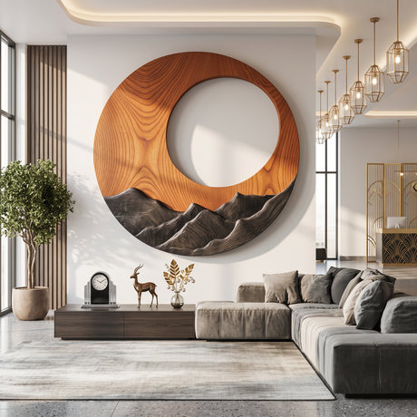 Wall Sculpture Solid Wood Round Mountain Relief for Rustic Living Room