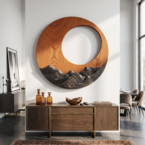 Wall Sculpture Solid Wood Round Mountain Relief for Rustic Living Room