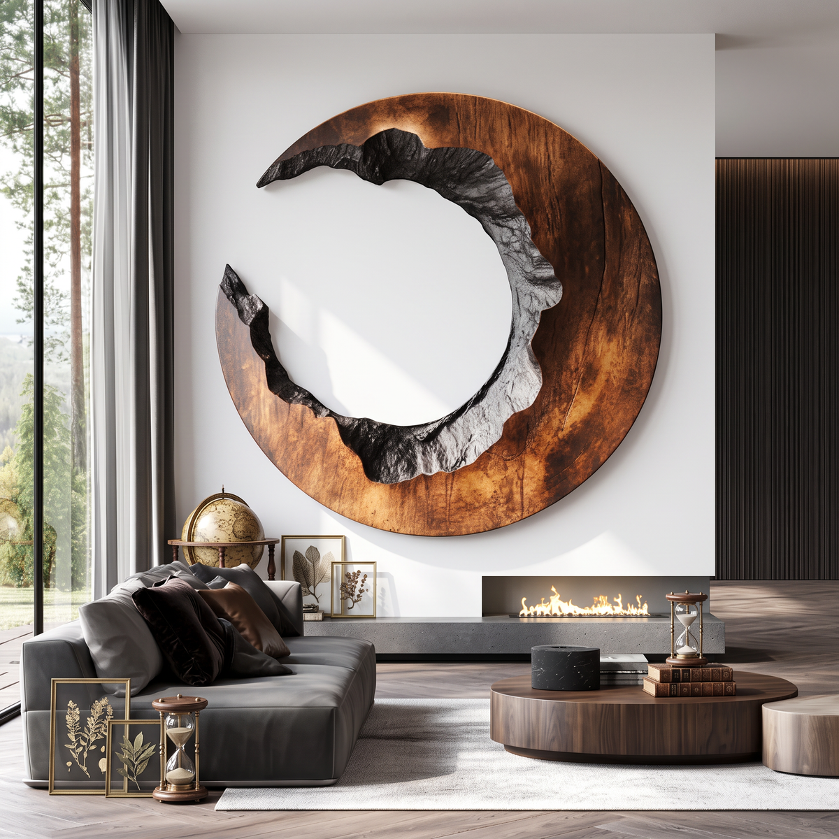 Round Wood Wall Sculpture with Open Center and Raw Carved Edge