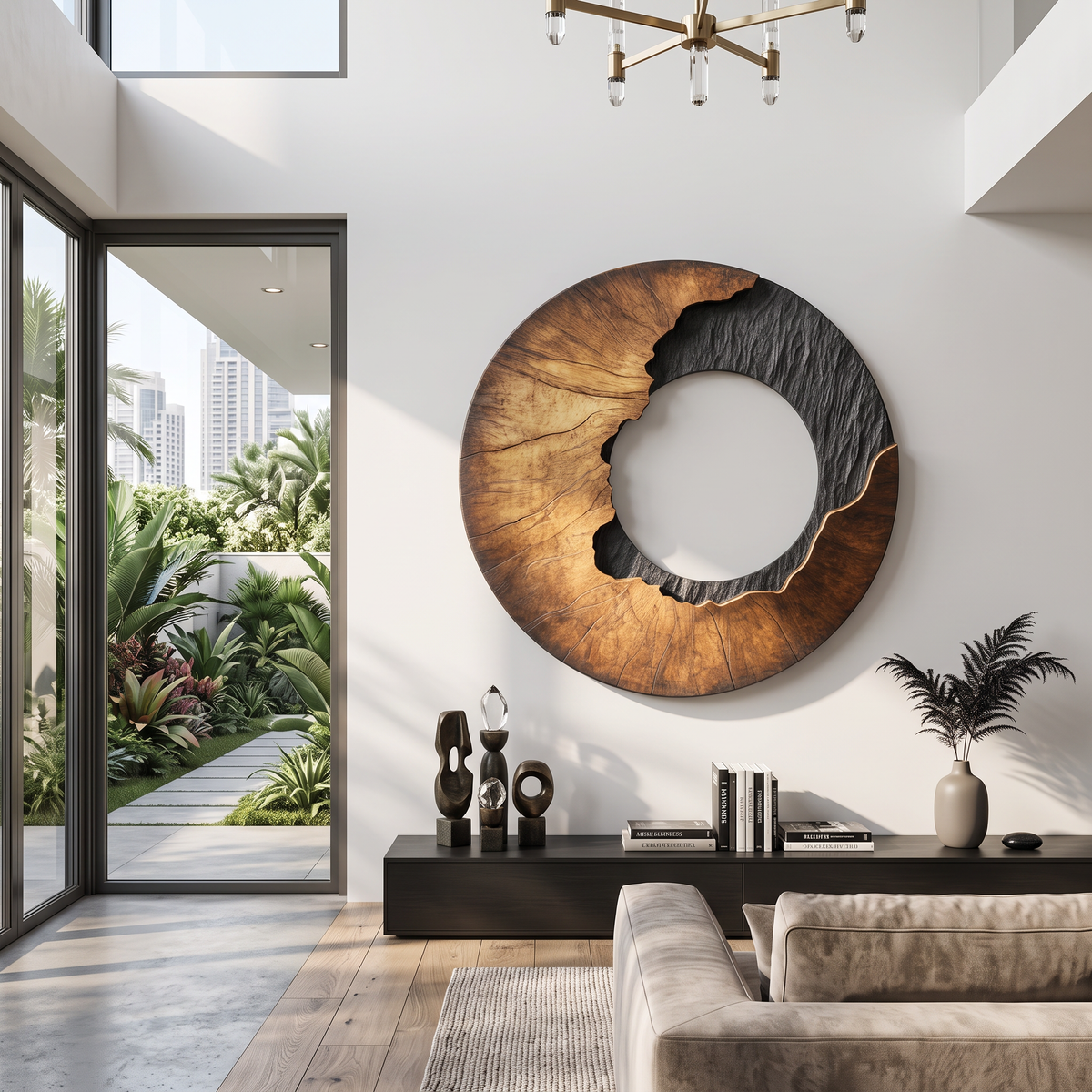 Modern Contrast Round Solid Wood Wall Sculpture for Interior Art
