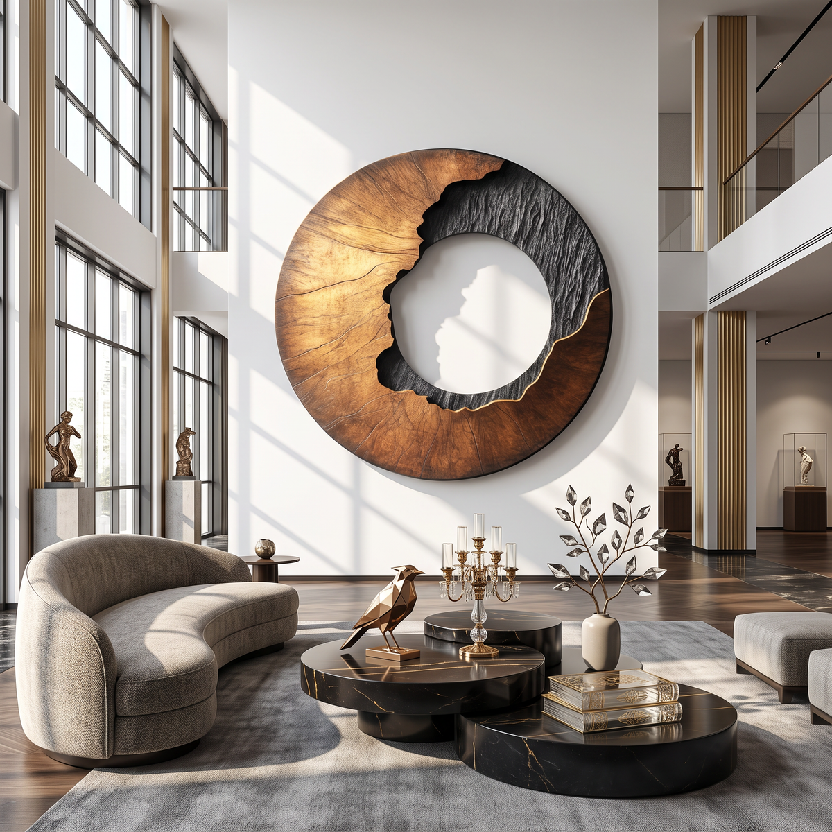 Modern Contrast Round Solid Wood Wall Sculpture for Interior Art