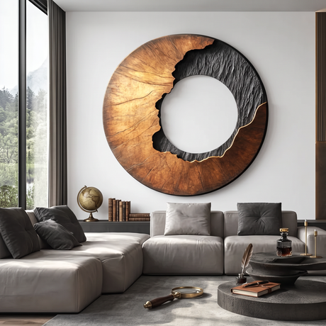 Modern Contrast Round Solid Wood Wall Sculpture for Interior Art