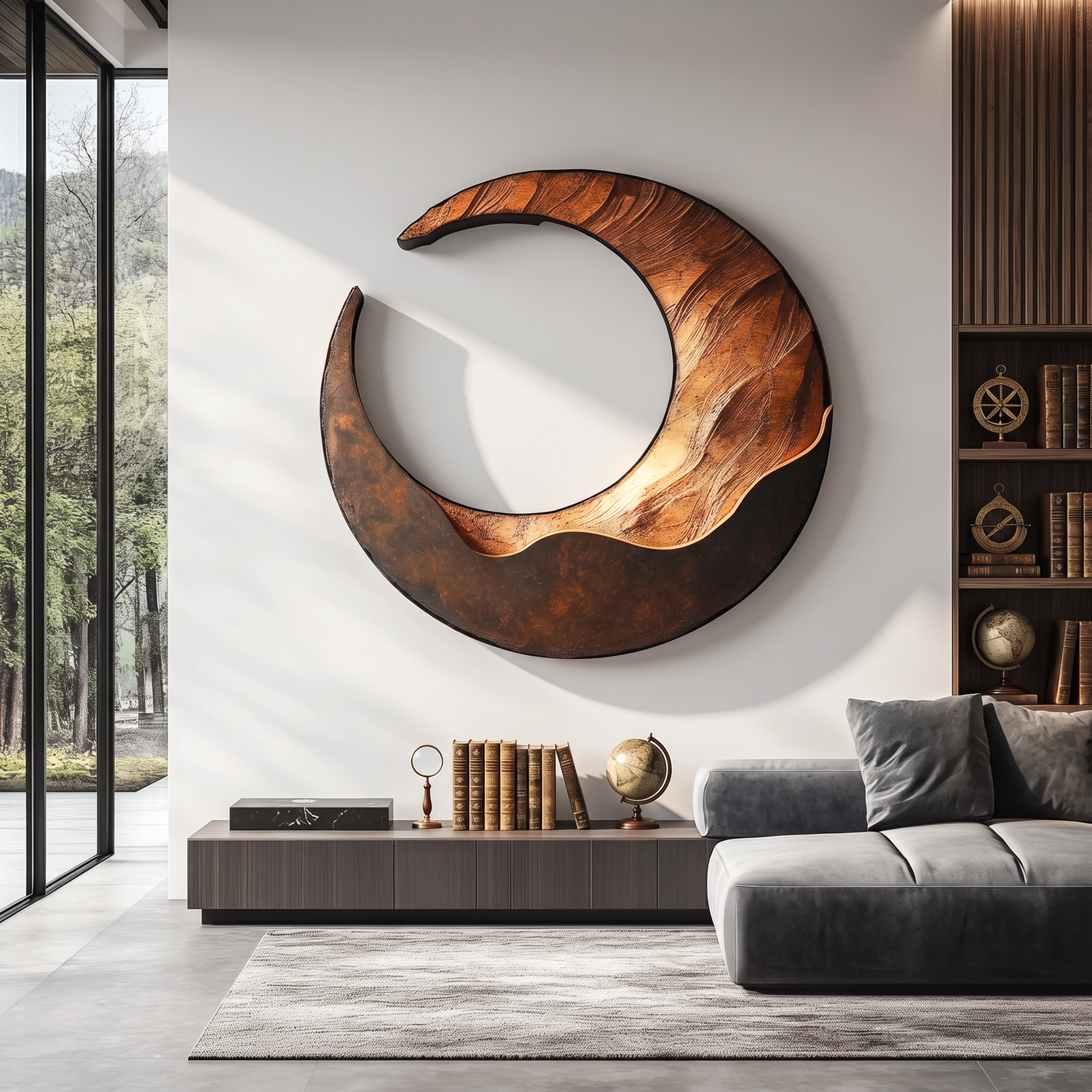 Large Solid Wood Crescent Wall Sculpture for Modern Living Rooms