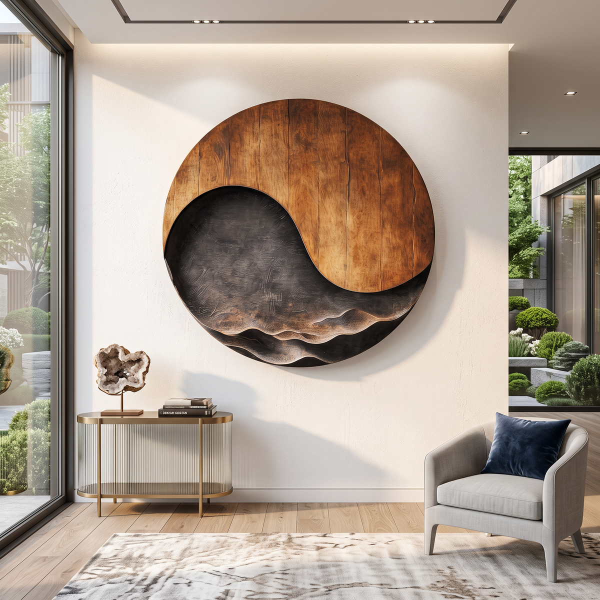 Large Abstract Solid Wood Wall Sculpture with Wave Relief for Modern Living Rooms