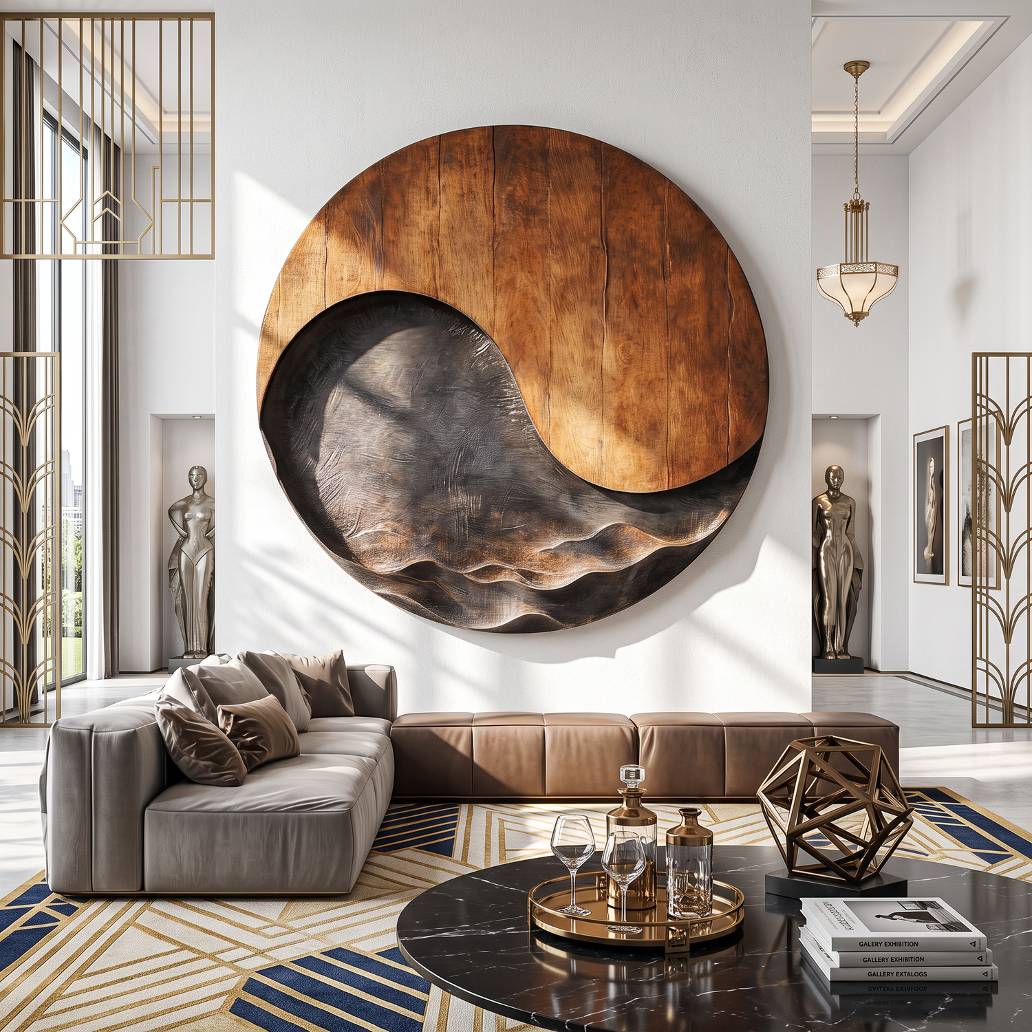 Large Abstract Solid Wood Wall Sculpture with Wave Relief for Modern Living Rooms