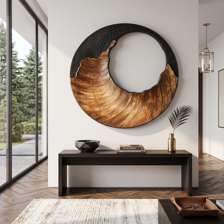 Large Circular Solid Wood Wall Sculpture with Black Crest Wave for Modern Living Rooms