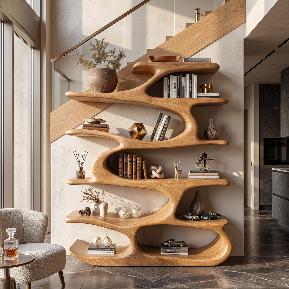 Organic Solid Wood Bookshelf with Flowing Branch Shelves and Sculptural Open Design