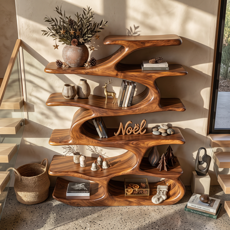 Organic Solid Wood Bookshelf with Flowing Branch Shelves and Sculptural Open Design