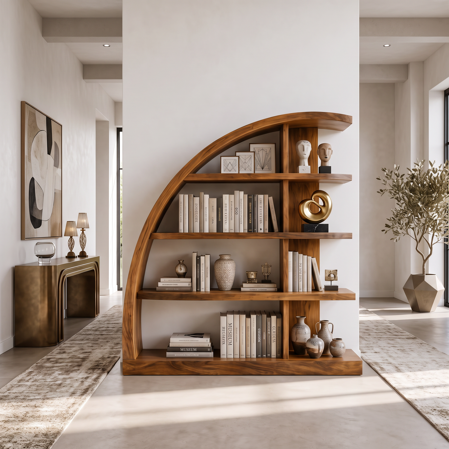 Sculptural Solid Wood Bookshelf with Curved Arch Frame and Open Display Shelves