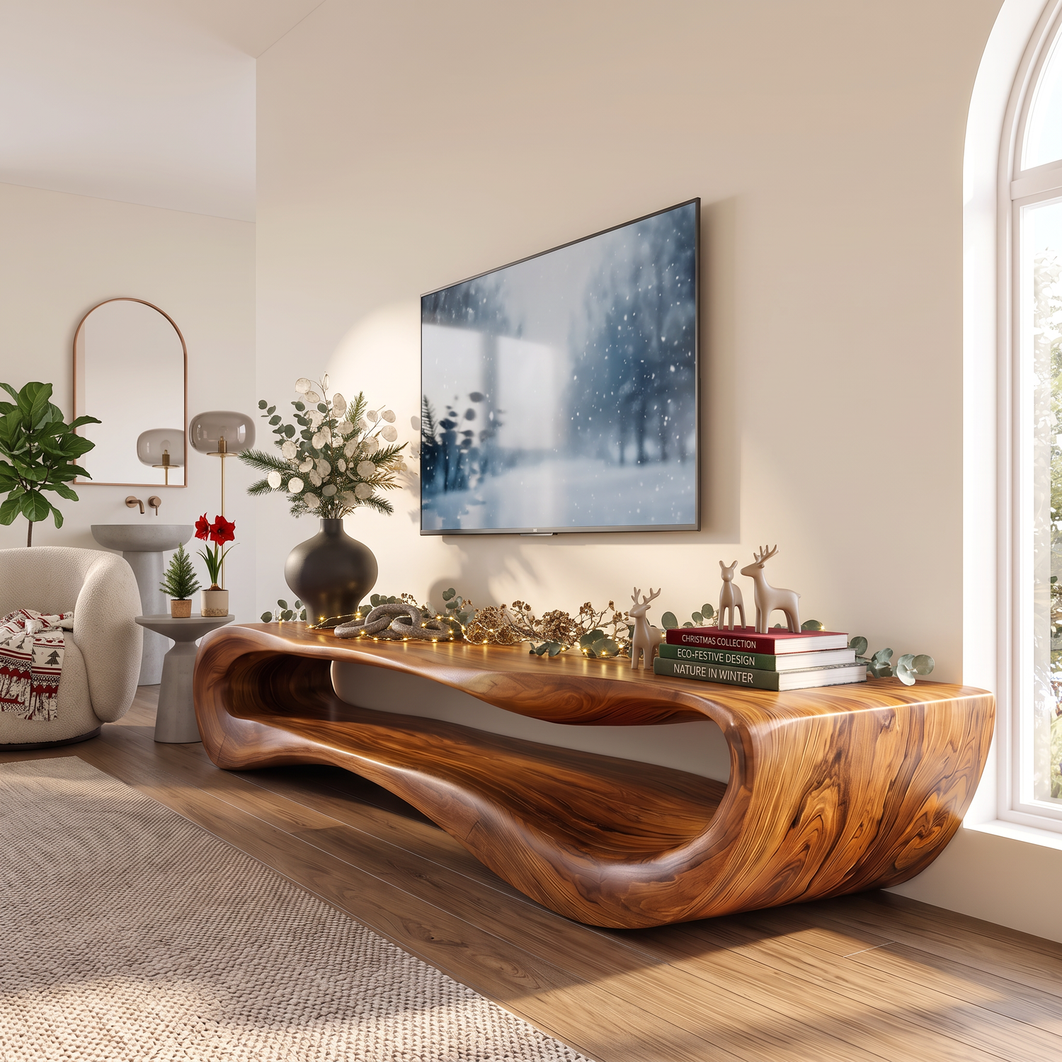 TV Stand Solid Wood with Curved Open Shelf for Living Room