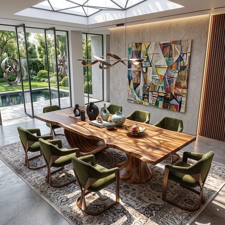 Dining Table with Sweeping Arc Base and Solid Wood Top