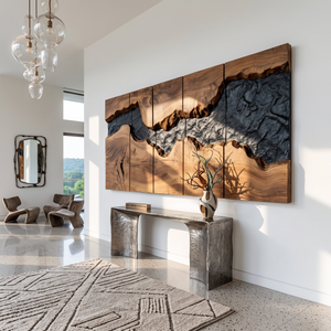 Large Solid Wood River Horizon Panel Wall Sculpture for Modern Living Rooms