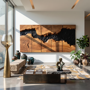 Large Solid Wood River Horizon Panel Wall Sculpture for Modern Living Rooms