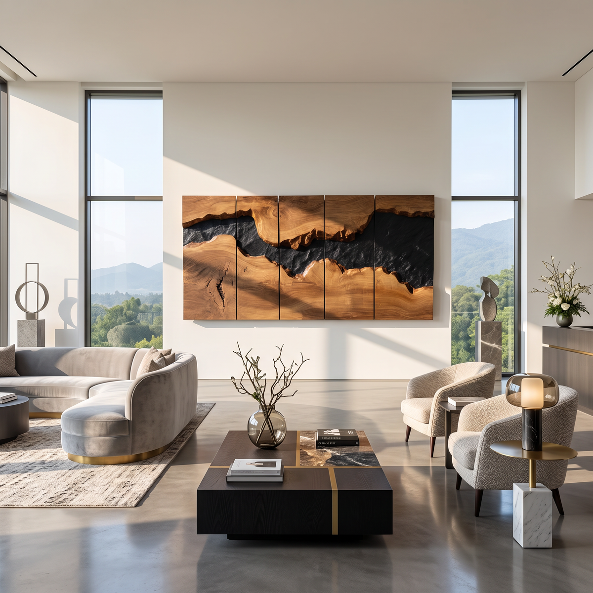 Large Solid Wood River Horizon Panel Wall Sculpture for Modern Living Rooms