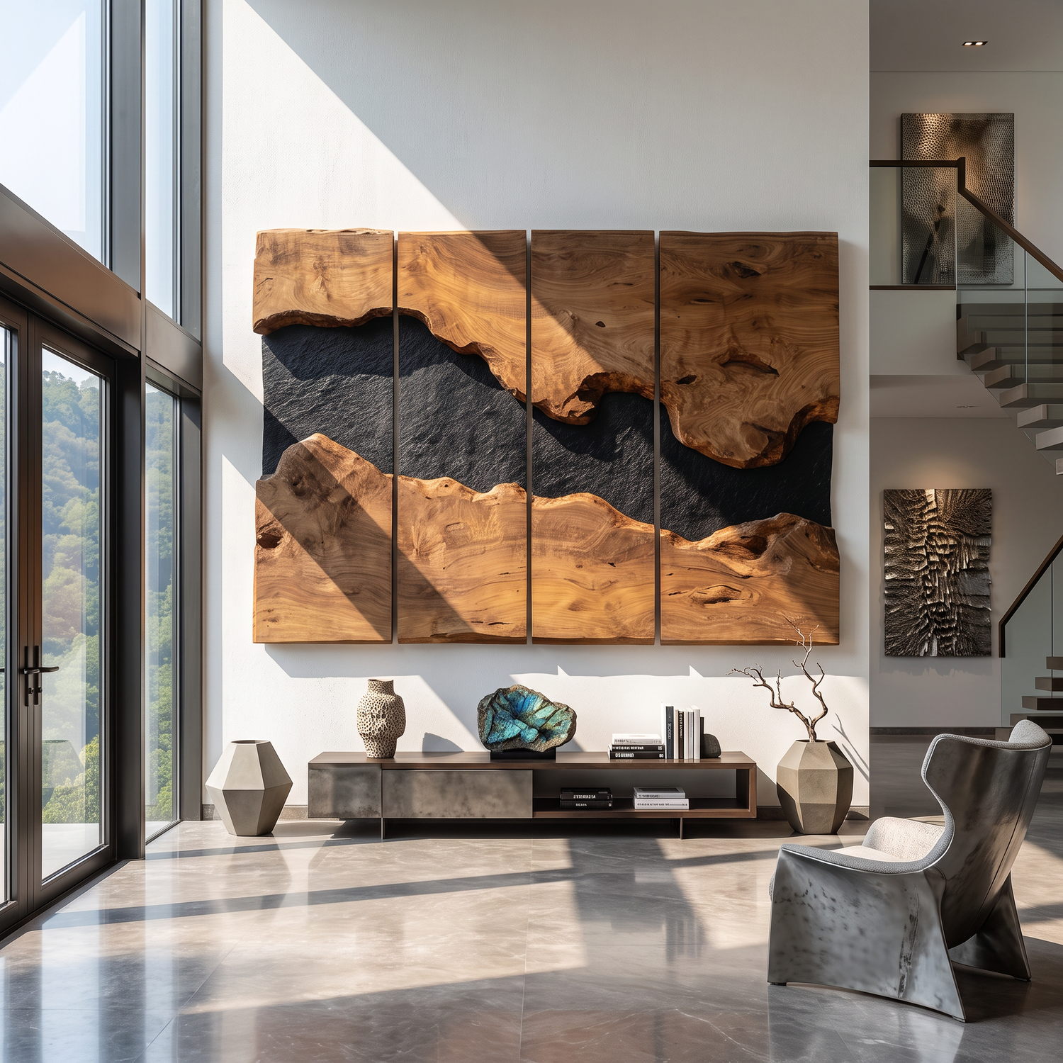 Large Solid Wood River Panel Wall Sculpture for Modern Living Rooms